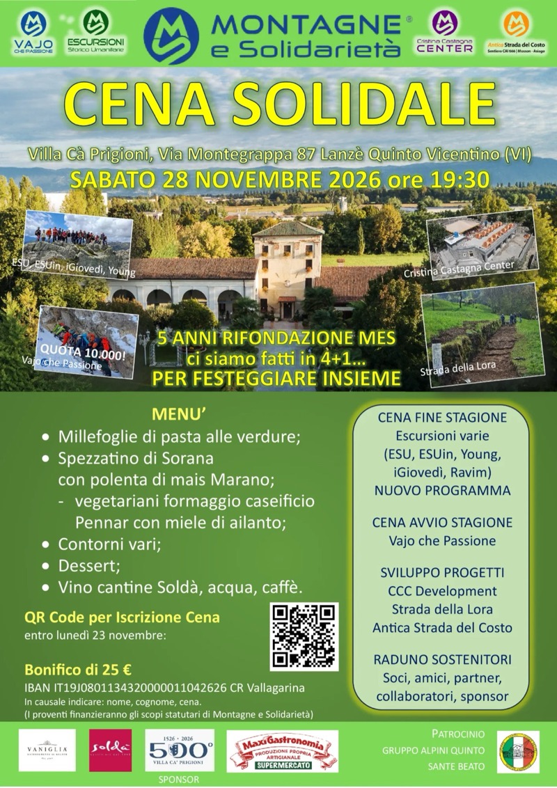 Locandina Cena Solidale: sabato 28 novembre 2026 ore 19:30 a Villa Cà Prigioni, Quinto Vicentino. Iscrizioni entro il 23 novembre, quota 25 euro.